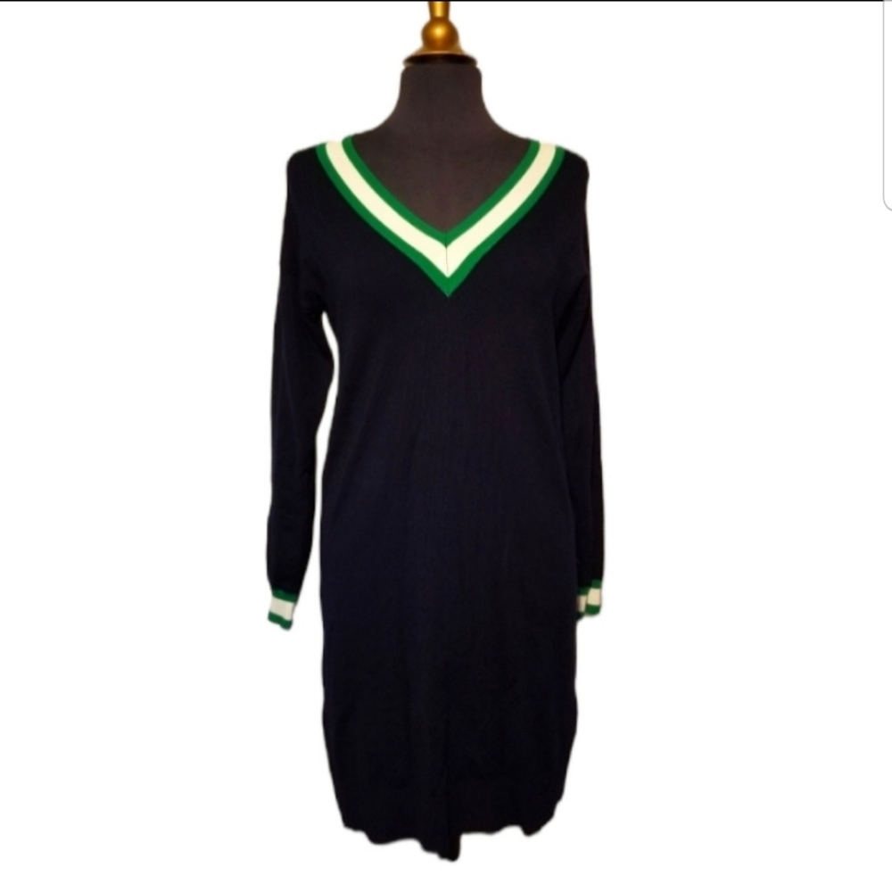 Cremieux Sweater Dress Size XS Navy Blue Preppy Vneck